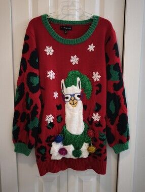33 Degrees XXL Ugly Christmas Sweater Llama Leopard 3D Pom Pom